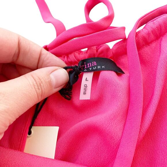 Trina Turk True Love Ruffle Halter Dress Cosmic Pink Strappy Sleeves NEW Large L - Picture 4 of 14
